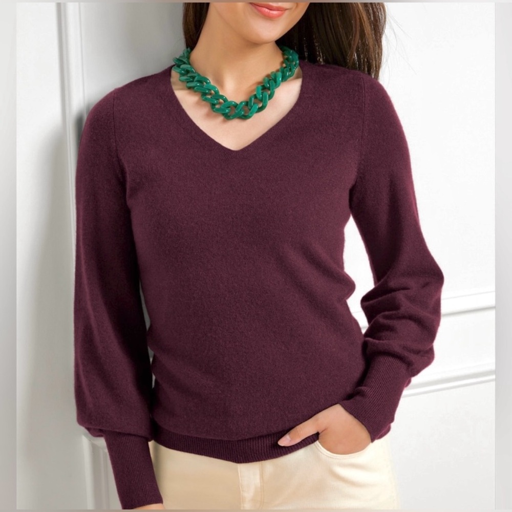 Talbots 100% Cashmere Balloon Sleeve V-Neck Sweater in Aubergine, Size L